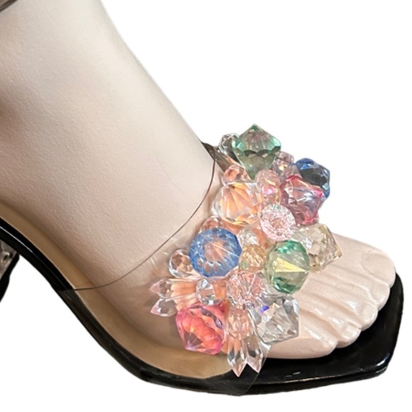 Rouge Helium Shoes Sandals Clear Acrylic Block High Heel Multi Color Peek Toe - Picture 5 of 9